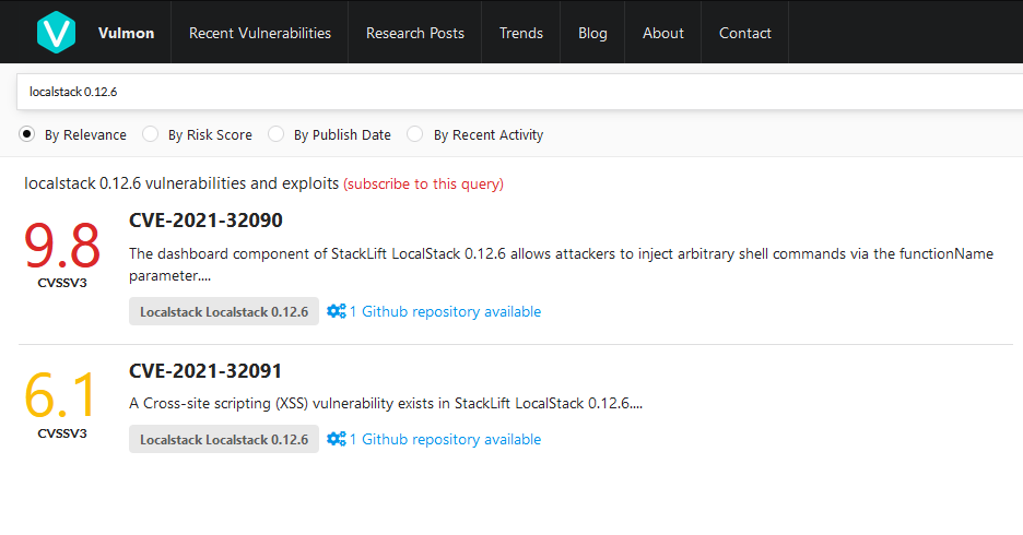 Vulmon LocalStack CVEs